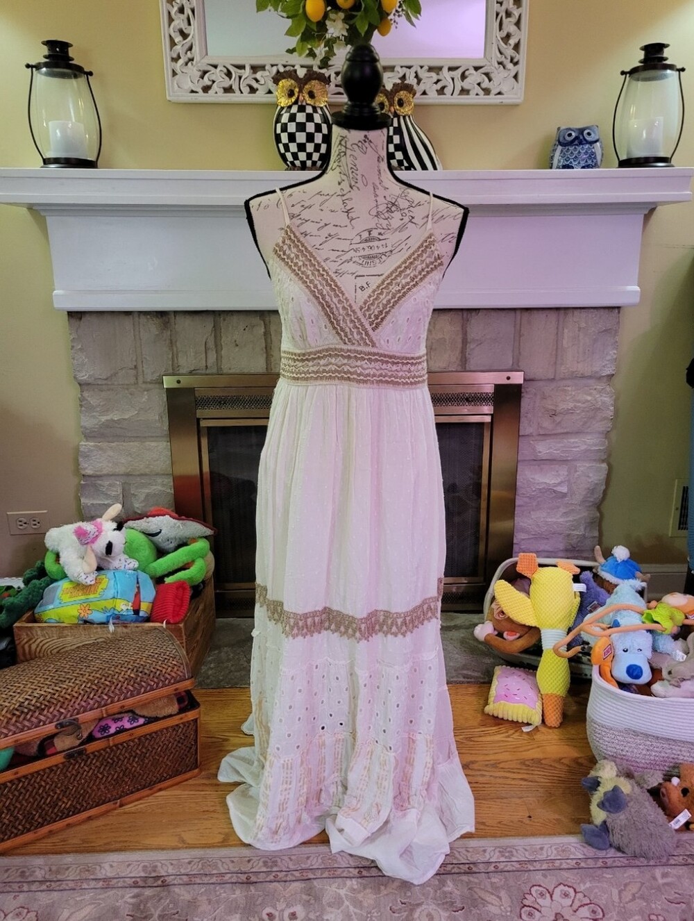 White Boho Maxi Dress with Tan Lace Accents Size M